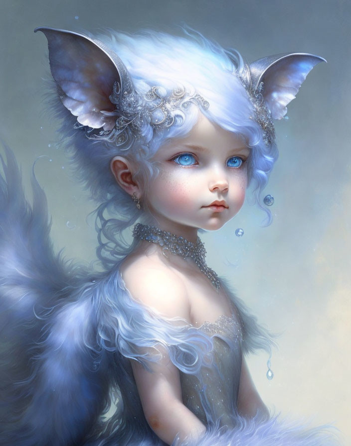 Fantasy illustration of child with blue hair, feline ears, tail, and pearl accessories