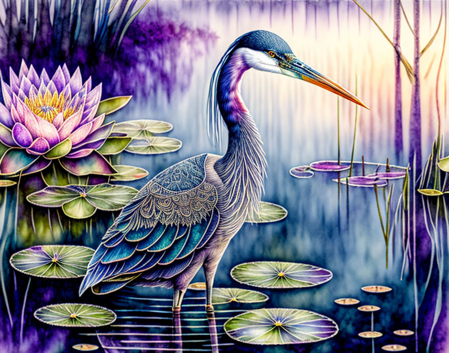 Colorful Heron Surrounded by Water Lilies and Lotus Blooms