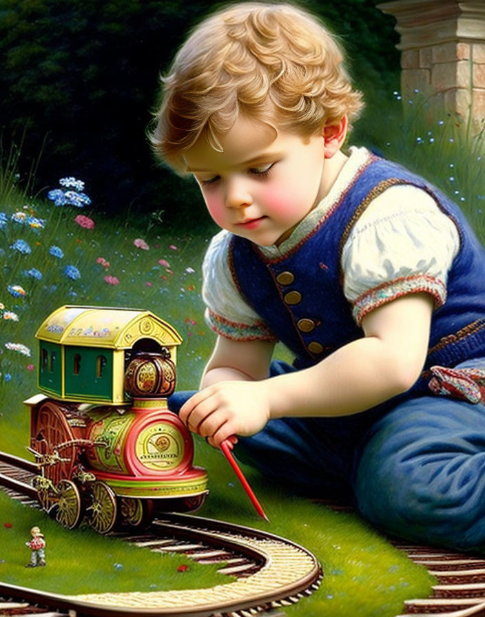 Curly-Haired Toddler Playing with Colorful Toy Train Set in Garden