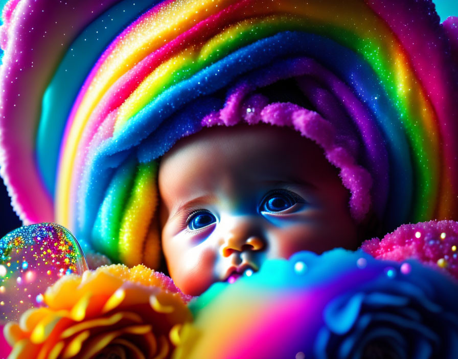 Colorful Baby Portrait with Rainbow Surroundings