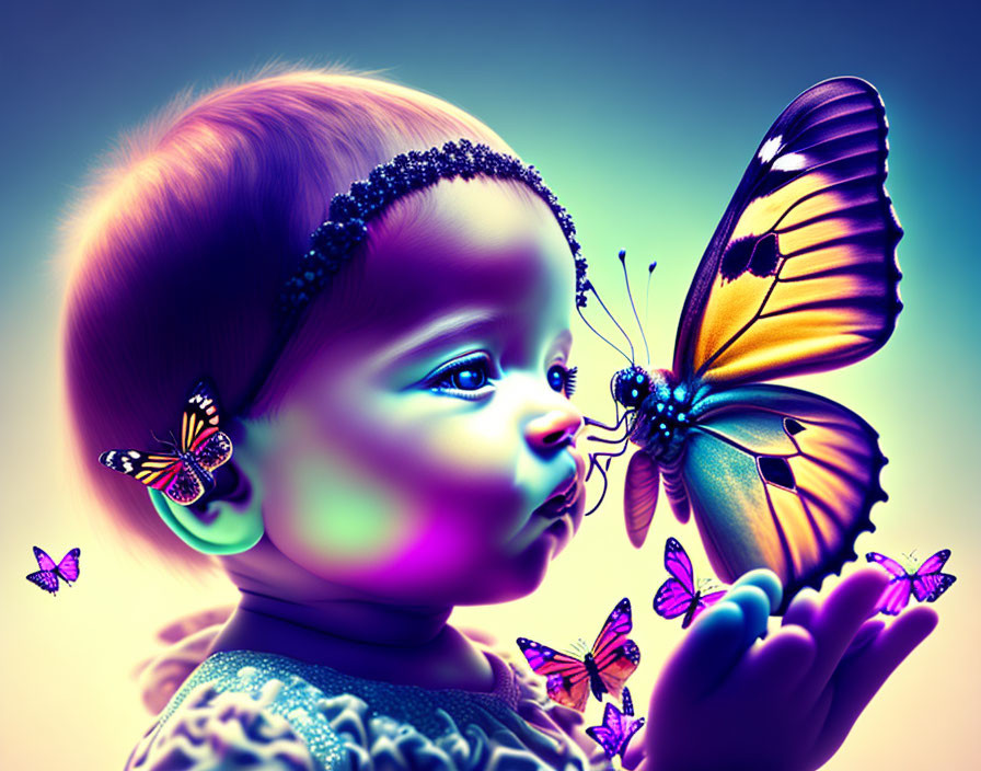 Colorful child surrounded by butterflies in digital art