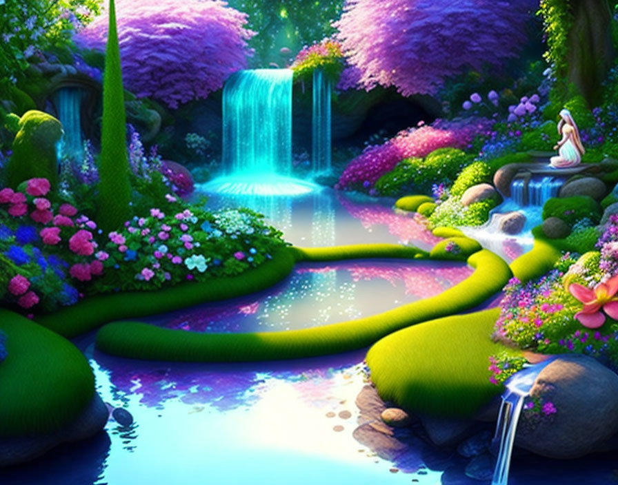 Fantasy landscape with waterfall, river, purple trees, and serene figure