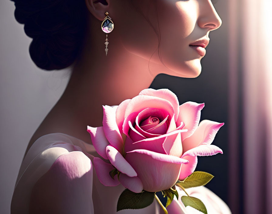 Elegant woman with earring holding pink rose under sunlight