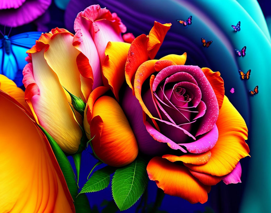 Multicolored roses, water droplets, butterflies on blue and purple backdrop