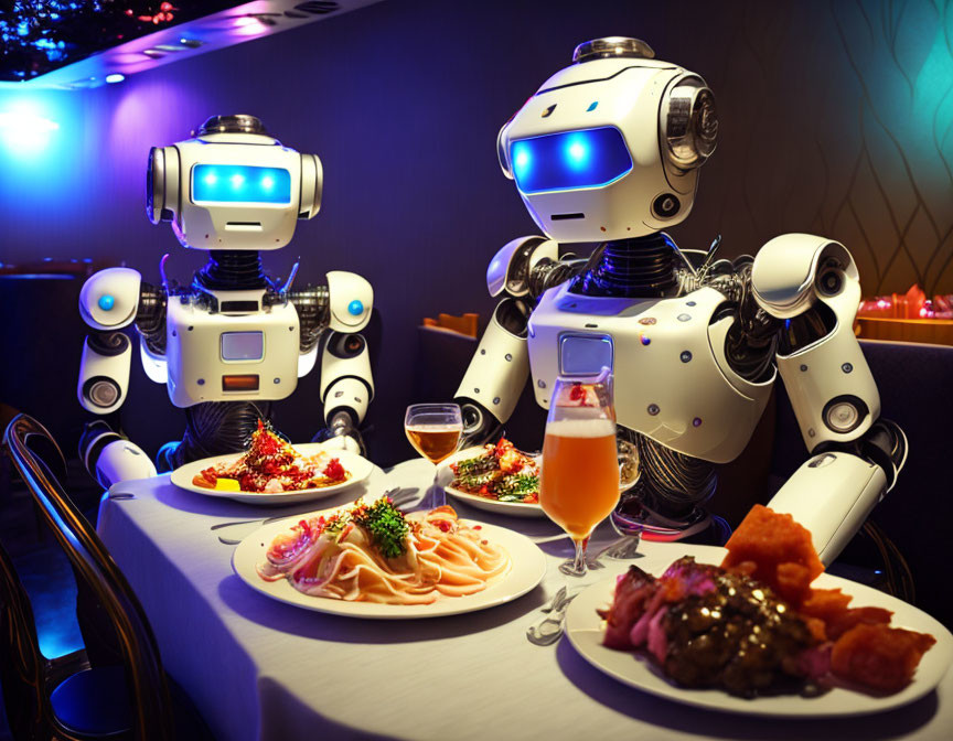 Humanoid robots having dinner date with pasta and beer in dimly lit setting