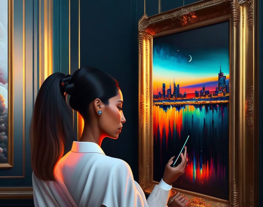 Woman with ponytail gazes at glowing cityscape reflections on phone