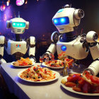 Humanoid robots having dinner date with pasta and beer in dimly lit setting