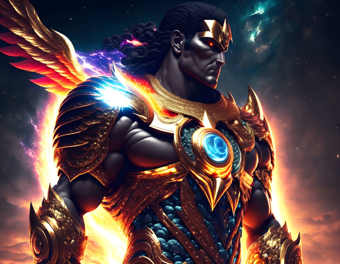 Muscular superhero in golden armor with glowing blue chest piece and fiery wings against cosmic backdrop