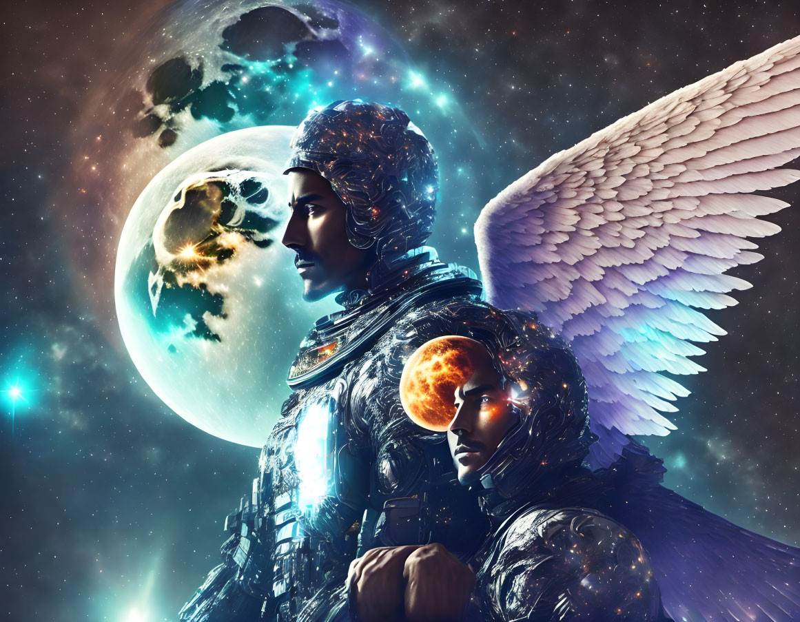 Winged astronauts in cosmic armor with moon and planet.