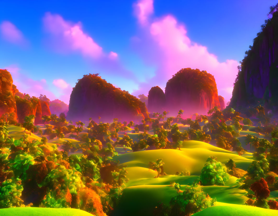 Fantasy landscape with greenery, sand dunes, rock formations, pink and blue clouds