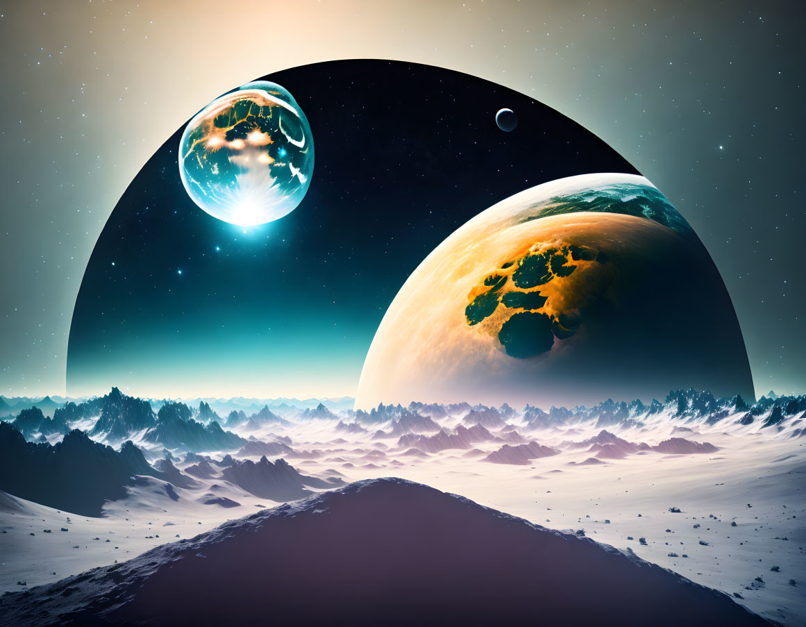 Surreal space landscape with celestial bodies and icy terrain