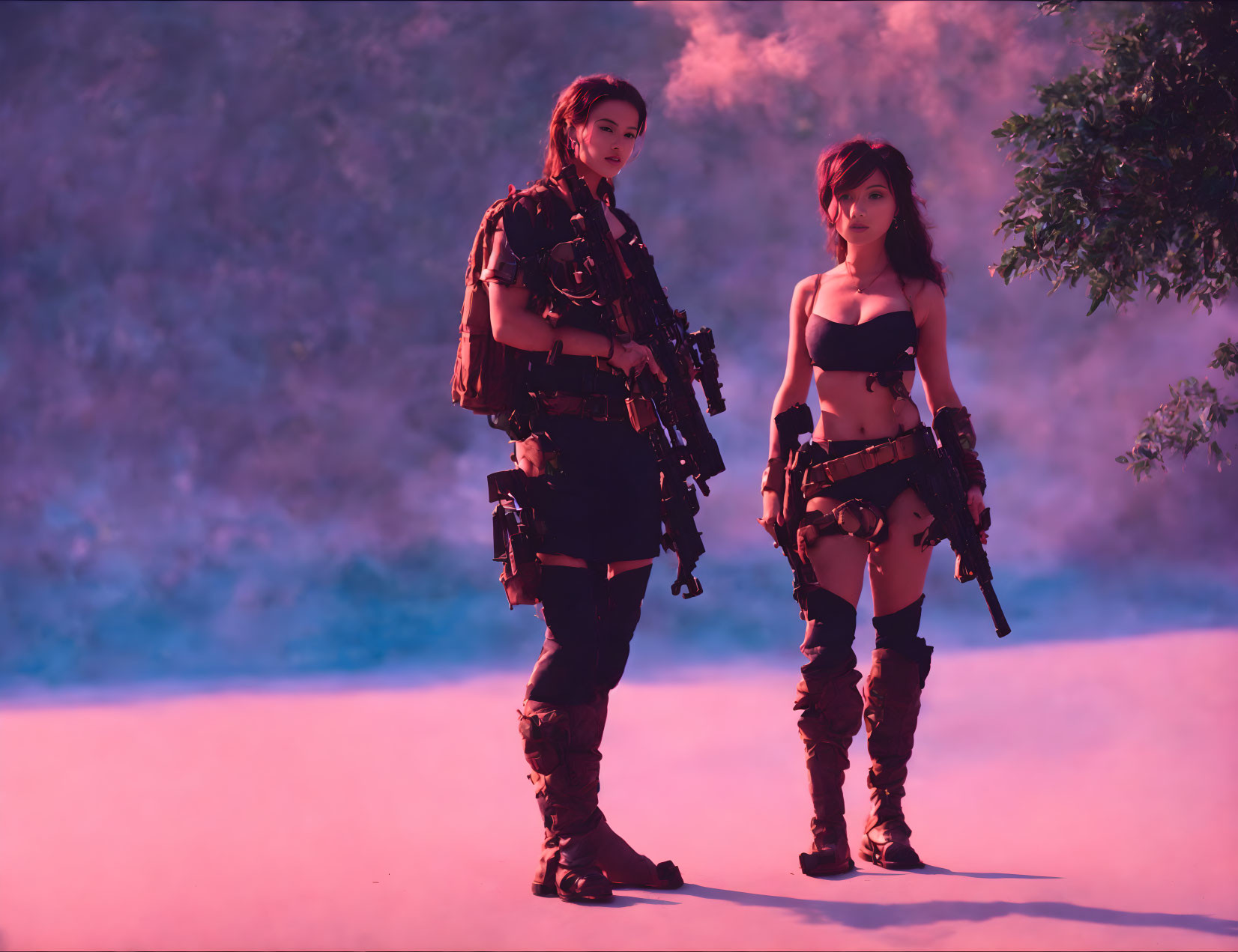 Futuristic combat gear: Two women in misty, pink-lit scene