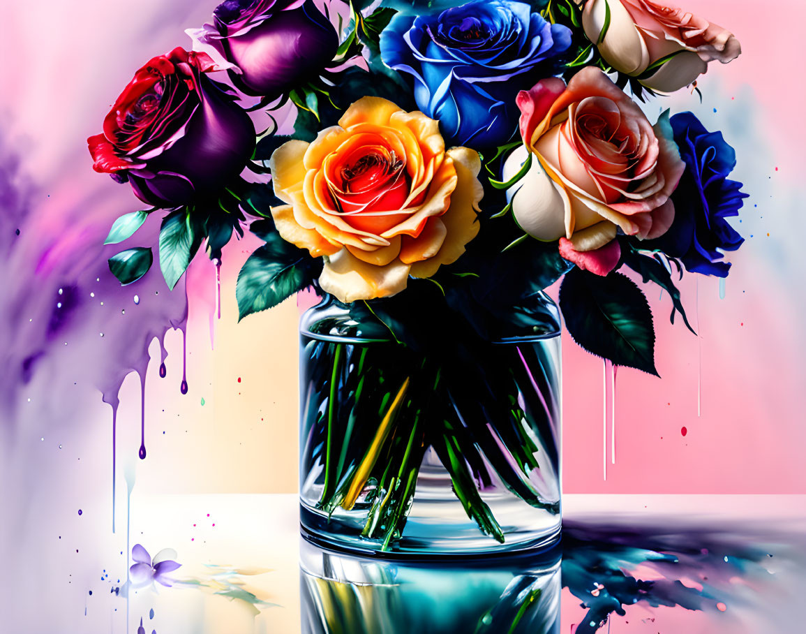 Multicolored roses bouquet in transparent vase on colorful backdrop