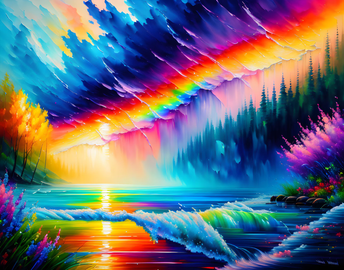 Colorful forest scene with rainbow sky, river reflection, sunrays, and silhouetted trees