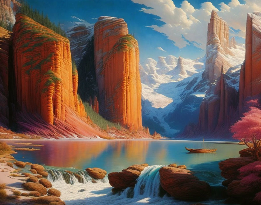 Tranquil fantasy landscape with red cliffs, lake, boat, waterfalls, pink trees, snowy