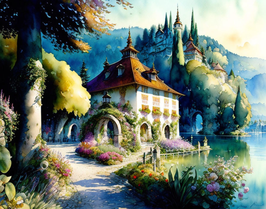 Colorful Watercolor Painting of Lakeside Building with Gardens and Castle