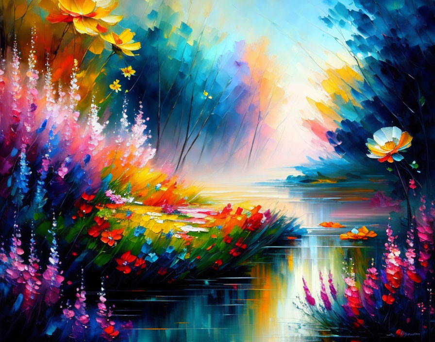 Colorful Floral Landscape with Water Reflections and Dreamy Sky