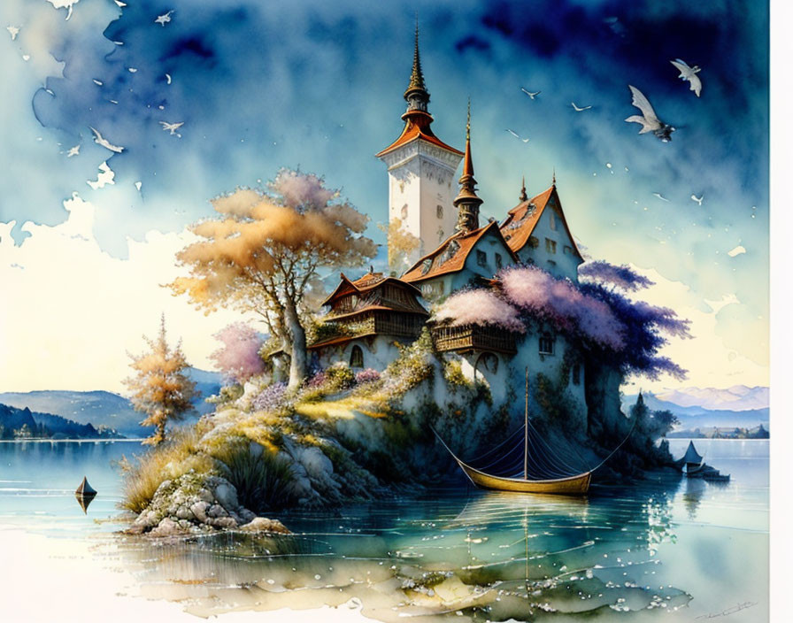 Scenic castle painting with lush island, boat, and birds