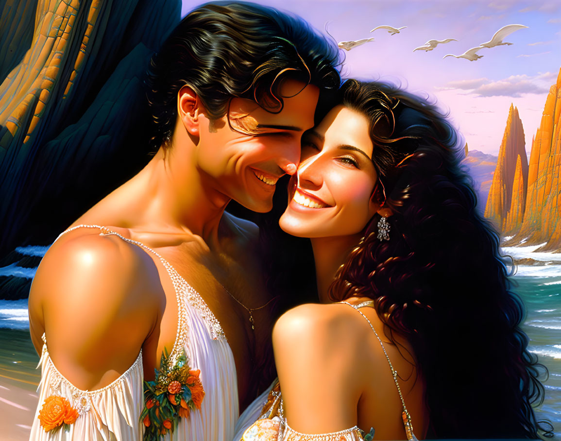 Smiling couple in white outfits embracing by cliffs and ocean