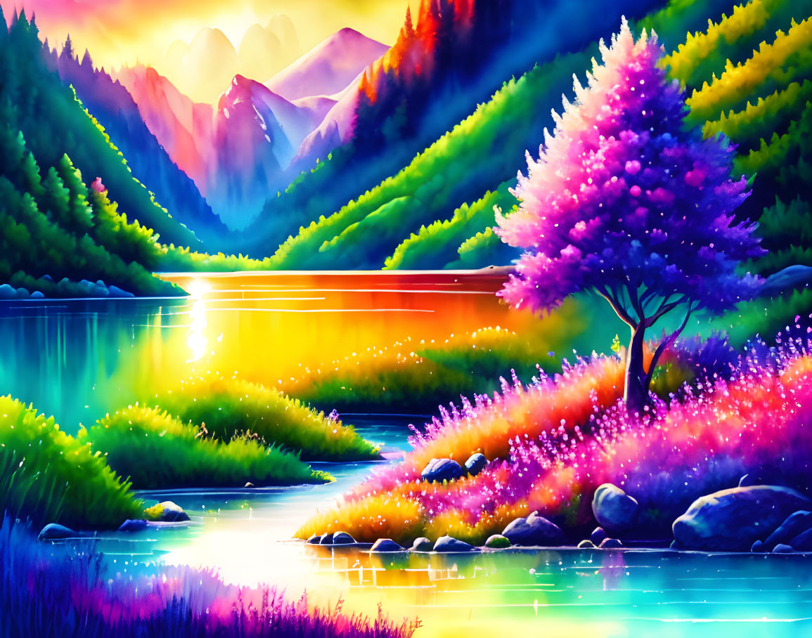 Colorful Landscape Painting with Lake, Trees, Flowers, Mountains, and Sunset