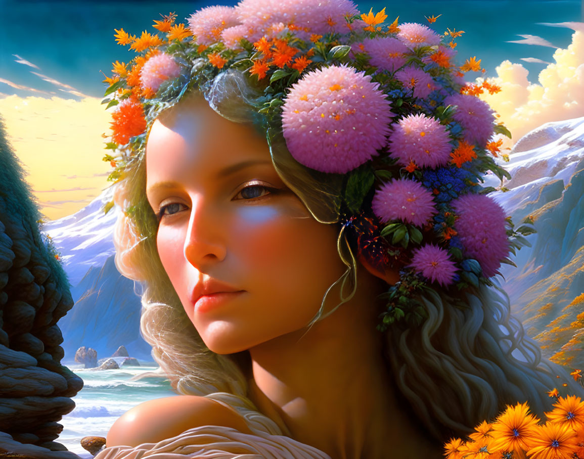 Woman with Floral Crown in Serene Landscape with Sunset