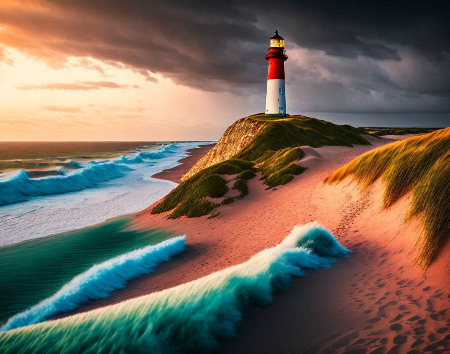 Majestic lighthouse on sandy dune with vibrant beach and sunset sky