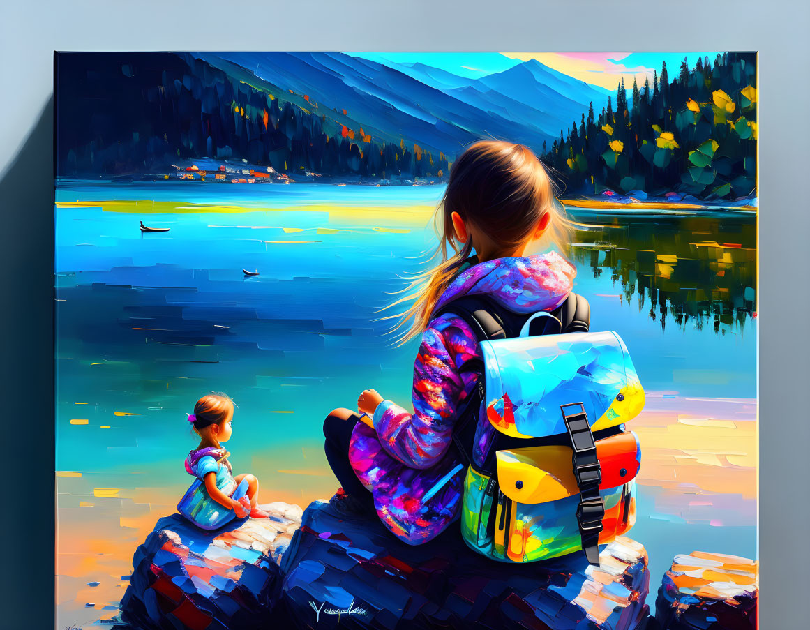 Person and doll admiring lake and mountains scenery