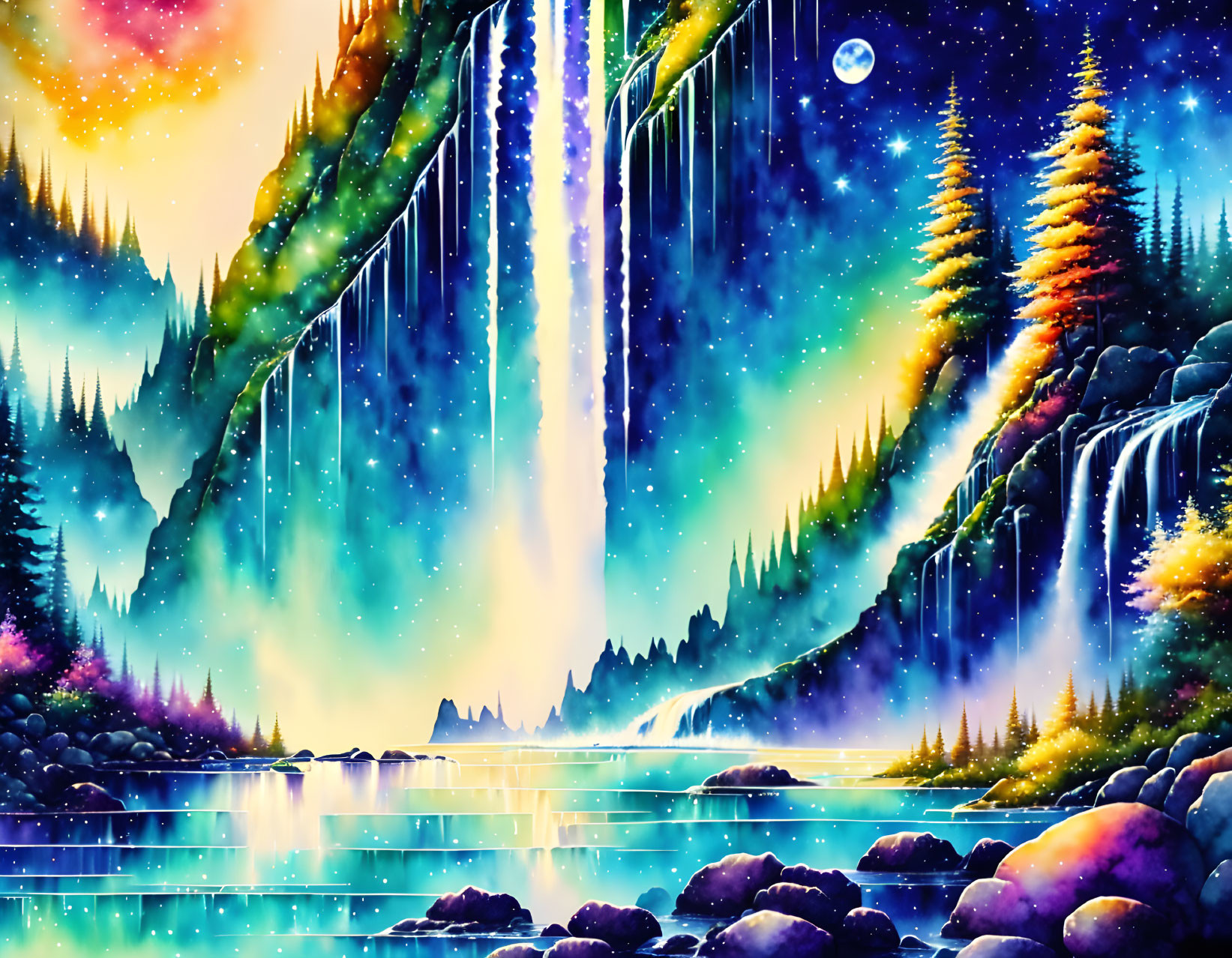 Fantasy landscape with aurora-lit sky, waterfalls, forest, lake, starry night