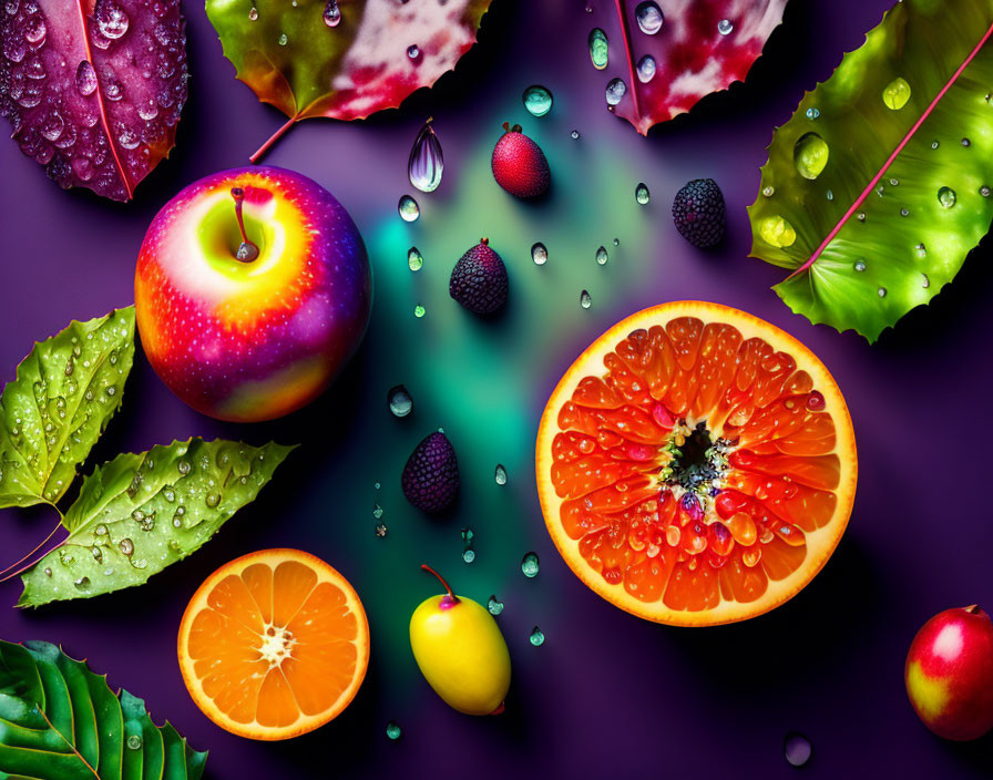 Colorful fruits and leaves with water droplets on purple background.