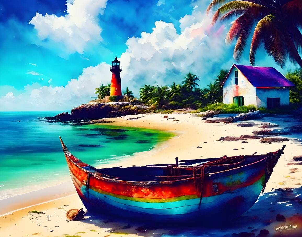 Tropical beach scene with boat, lighthouse, cottage, and palm trees