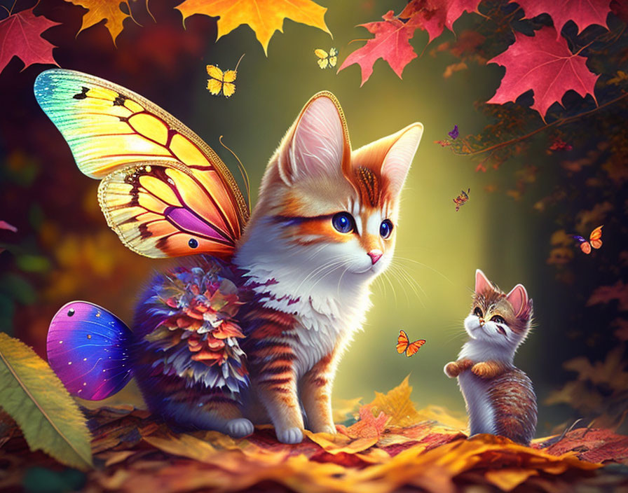 Two cute cats with butterfly wings in autumn scene.