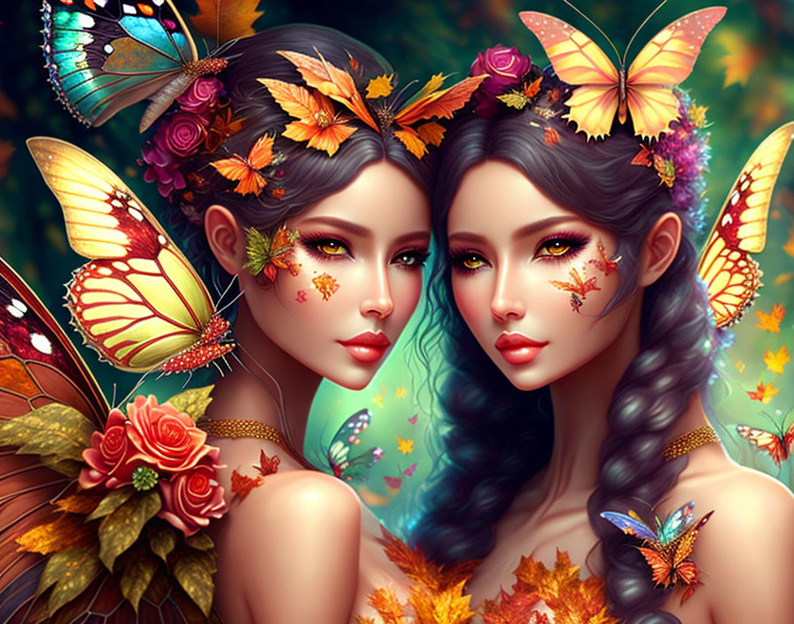 Two female figures with butterfly-themed makeup in fantasy setting