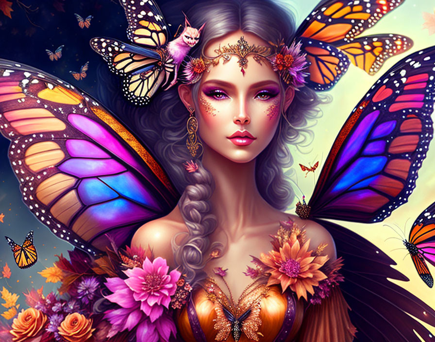 Fantastical illustration of woman with butterfly wings and floral adornments