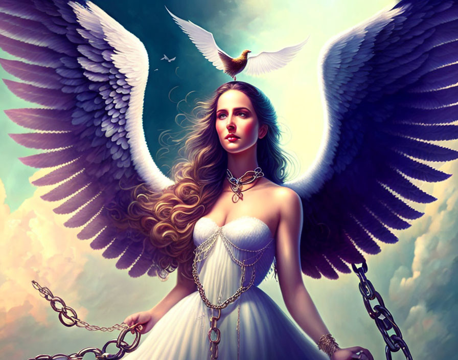 Fantasy illustration of a woman with majestic wings and chains in white dress