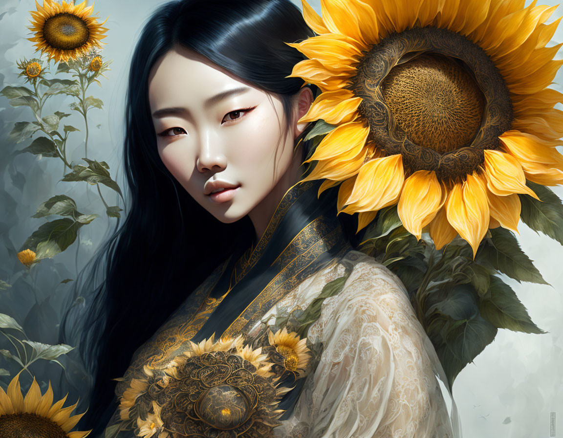 Dark-haired woman in traditional attire among sunflowers with pale skin