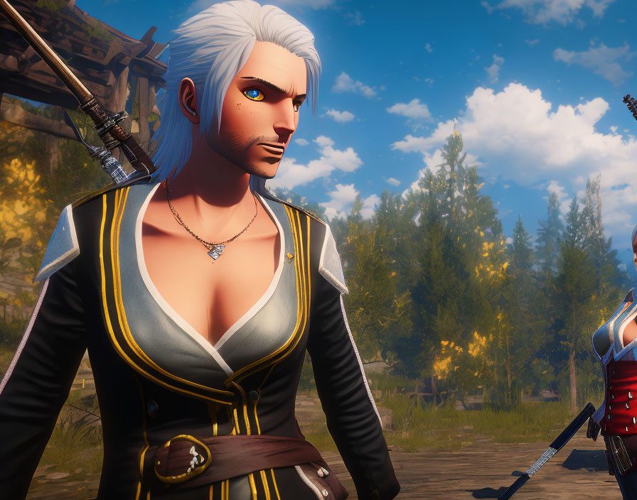 White-Haired Character in Black and Gold Jacket in Sunny Landscape