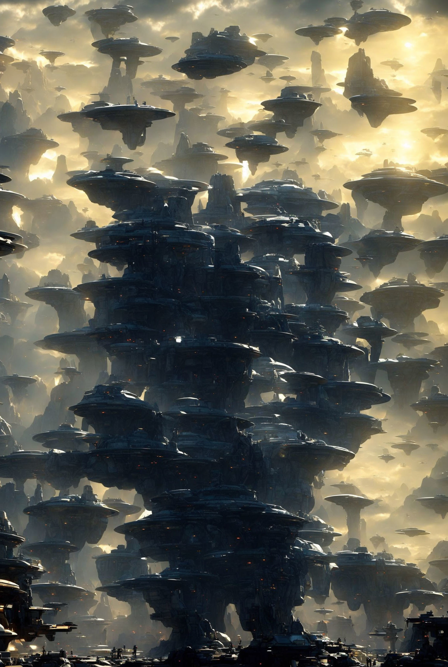 Stacked spacecraft in dense formation under golden light