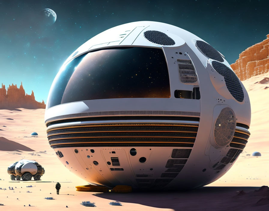 Futuristic spherical spaceship on desert alien planet with astronauts and second planet in sky