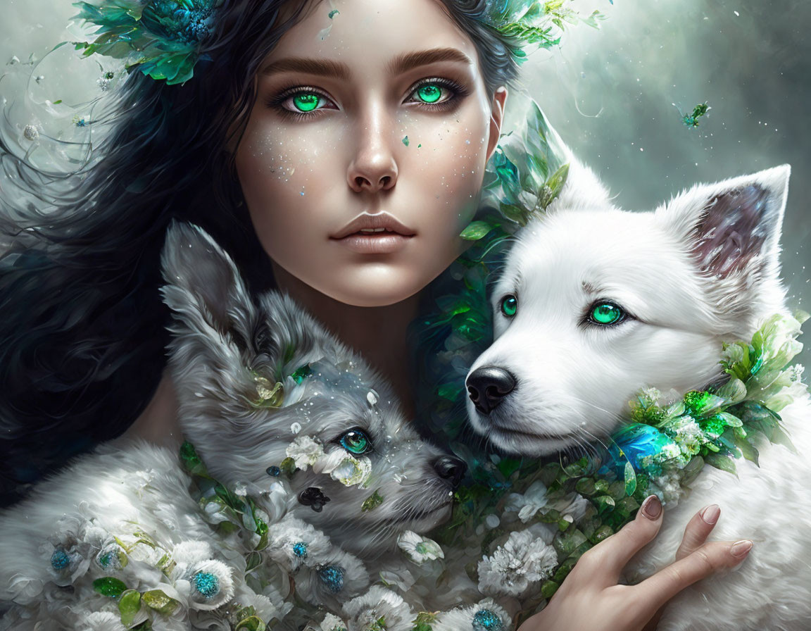 Digital painting featuring woman with green eyes, white dogs, and mystical green foliage.