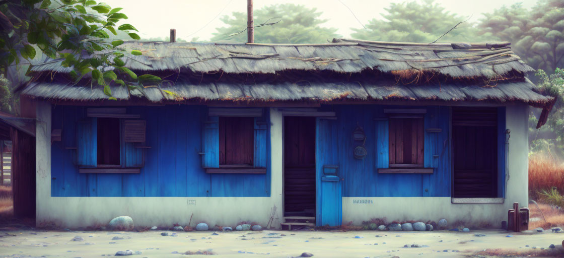 Weathered blue house with thatched roof in tranquil forest setting