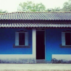 Weathered blue house with thatched roof in tranquil forest setting