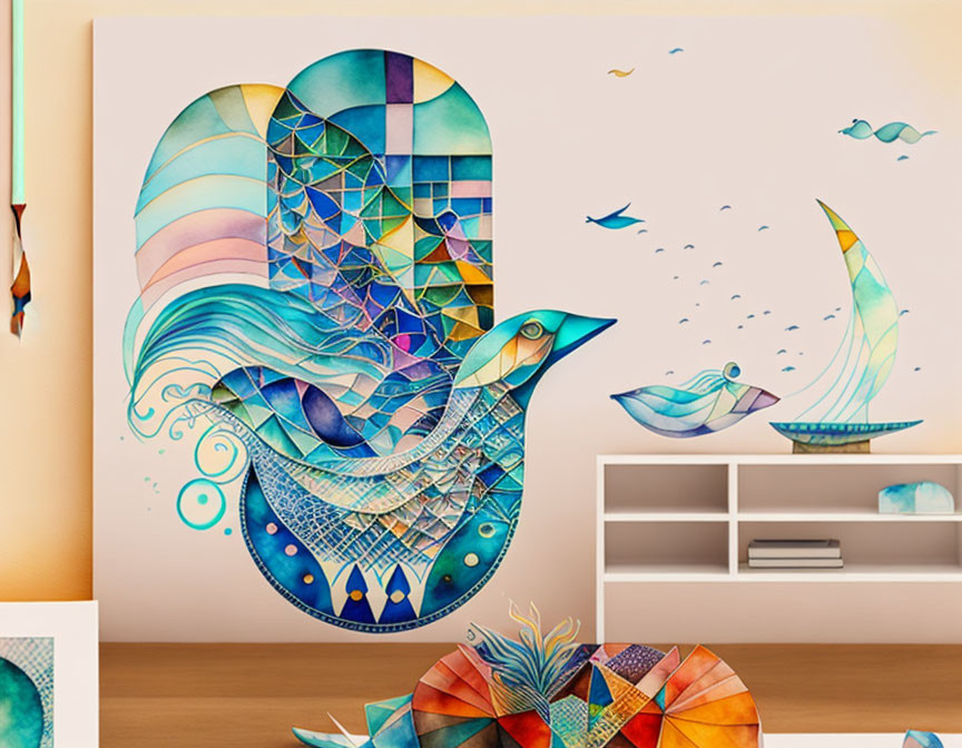 Colorful bird mural with geometric patterns, fish, and boat in minimalist room