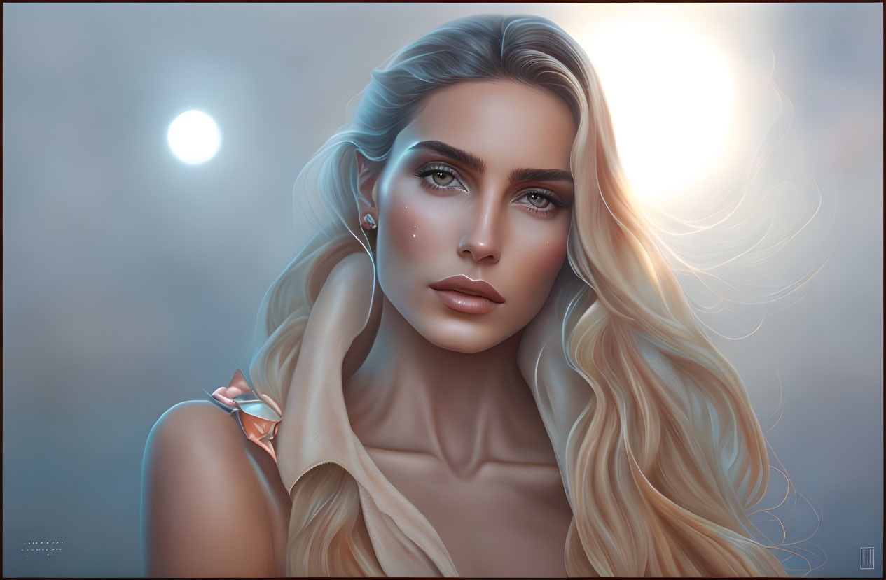 Blonde Woman with Blue Eyes and Soft Glow in Ethereal Setting