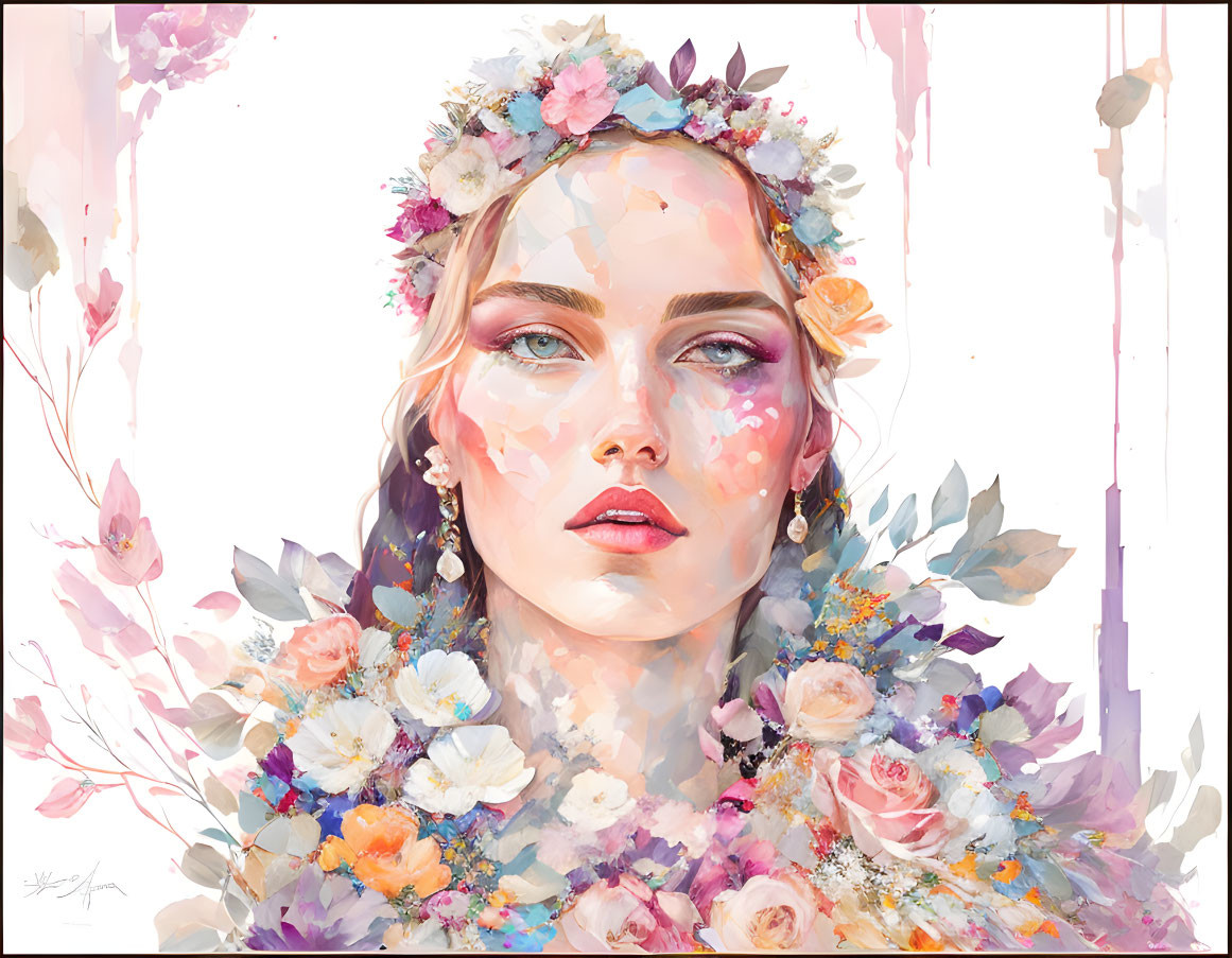 Woman with Floral Crown and Garland in Delicate Pastel Brushstrokes