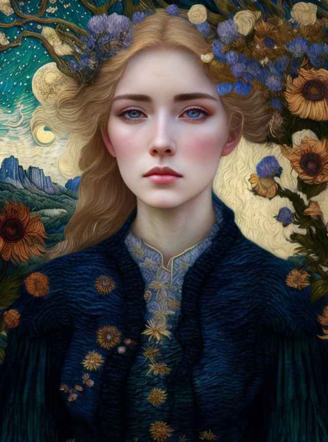 Woman with pale skin and blue eyes in Van Gogh-inspired setting