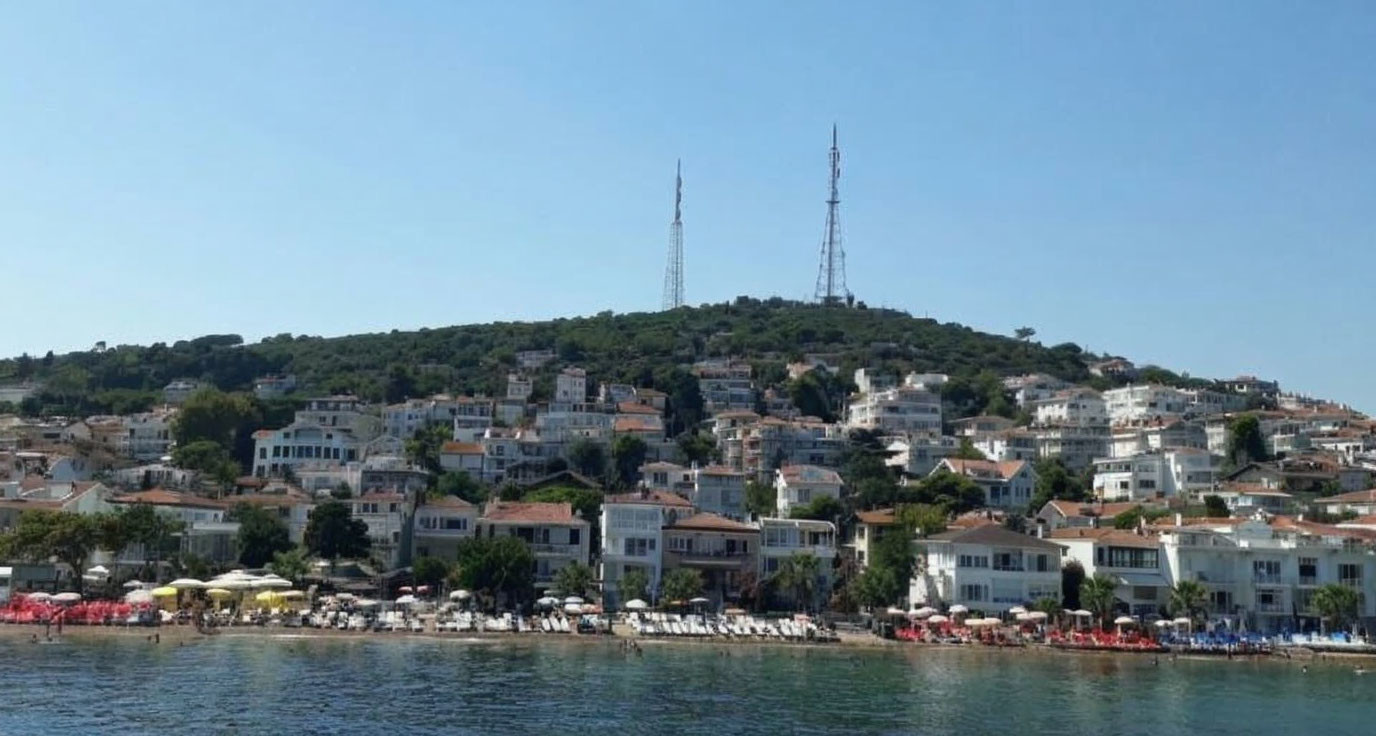 Scenic coastal town with white buildings, terracotta roofs, and greenery under clear blue sky