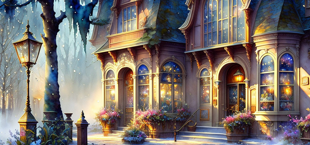 Whimsical house illustration with intricate windows and glowing streetlamp