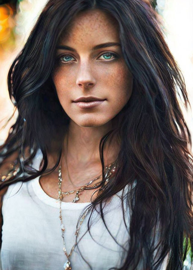 Portrait of woman with long dark hair, blue eyes, freckles, white top, layered neck