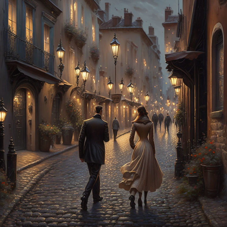 Couple walking on cobblestone street at dusk with street lamps and fairy lights.