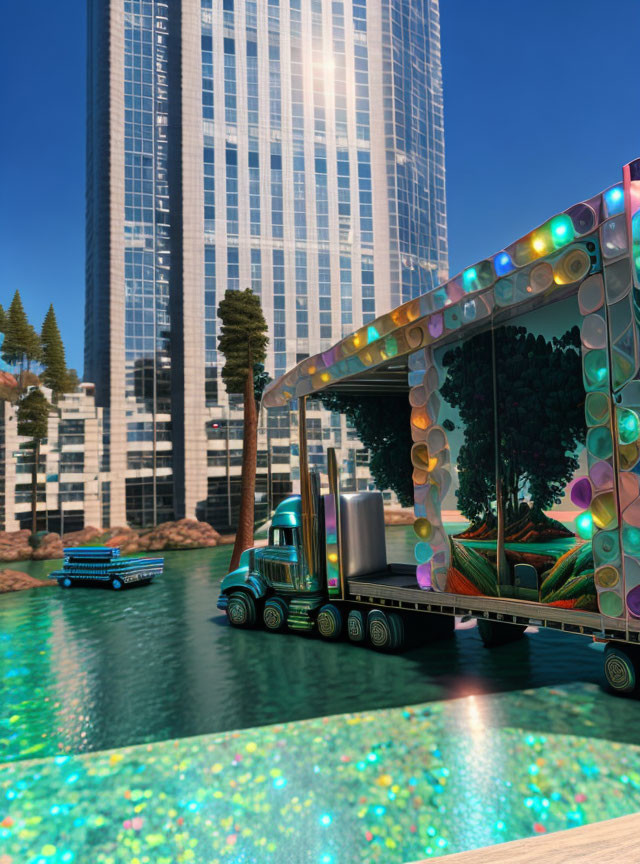 Futuristic riverside scene with decorated truck and sleek boat against modern buildings